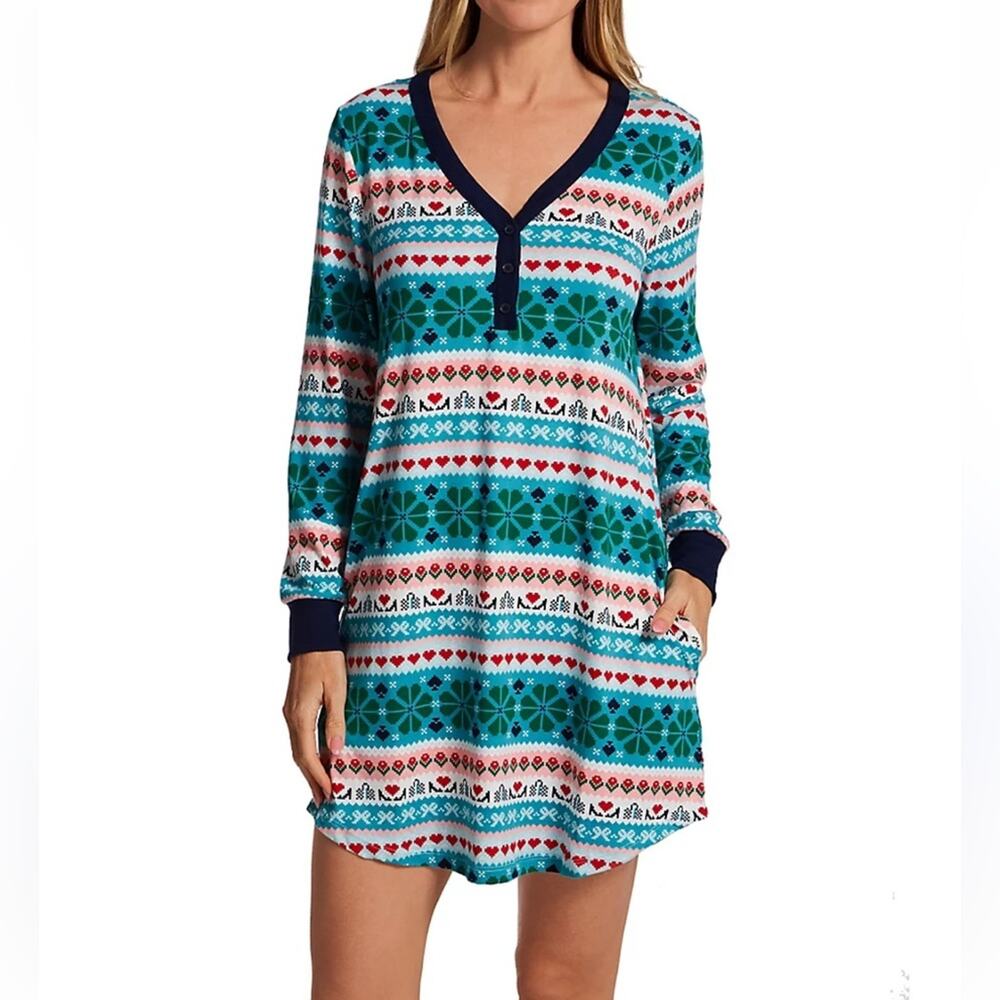 Kate Spade Bushed Cozy Jersey Henley Sleepshirt - Blue Grid - XS - NWT